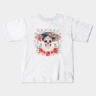 Skull wear mexican hat Cinco de mayo colorful watercolor Kids T-Shirt